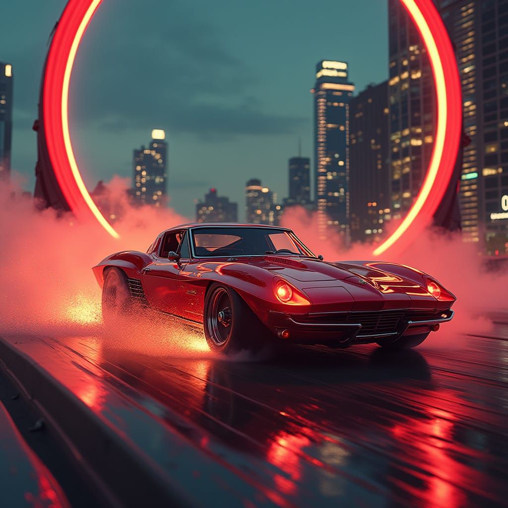 Futuristic Stunt Car Blazes Through Neon City Loop