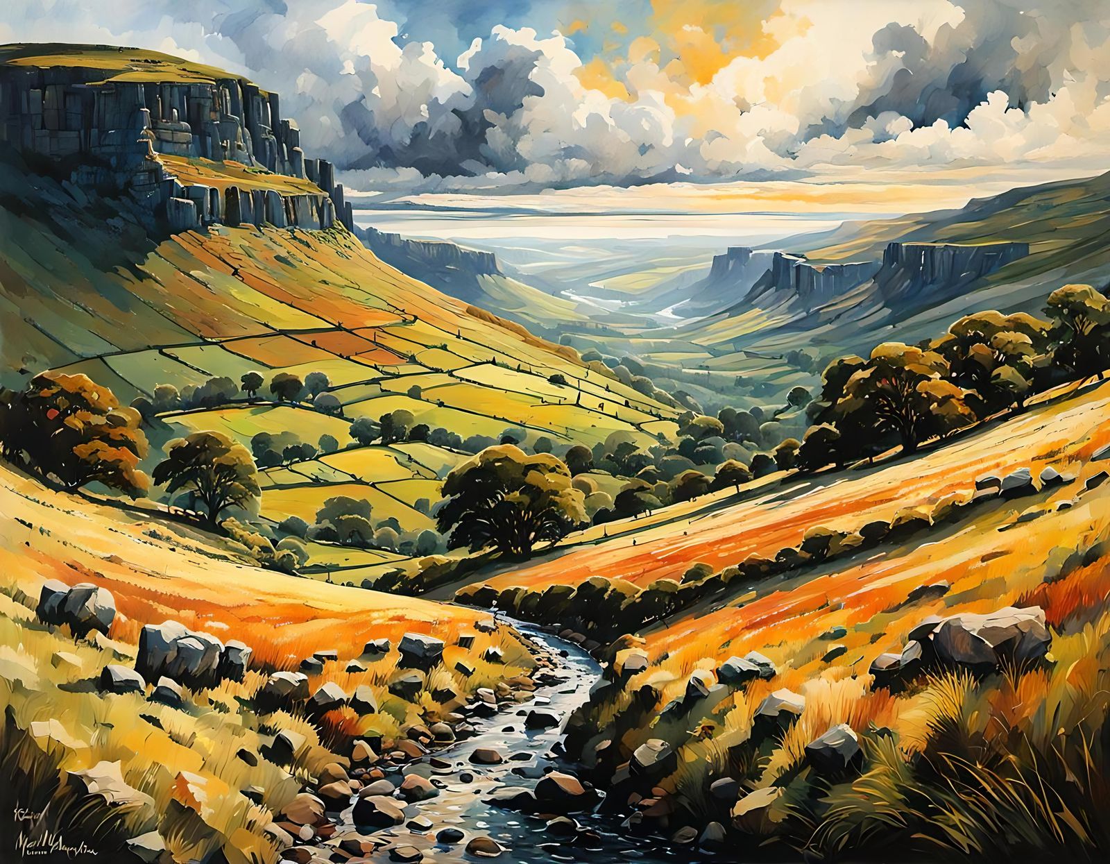 Yorkshire Dales Landscape in Gouache Style