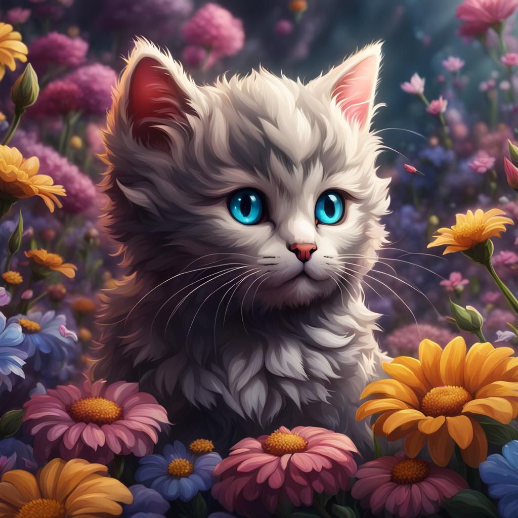 Adorable Kitten in Flowers: Fantasy Concept Art