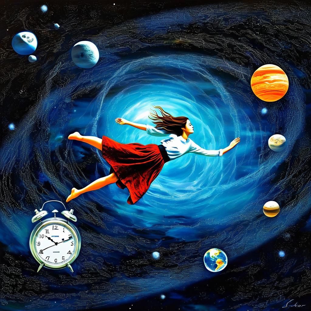 Surreal Woman in Space with Clocks