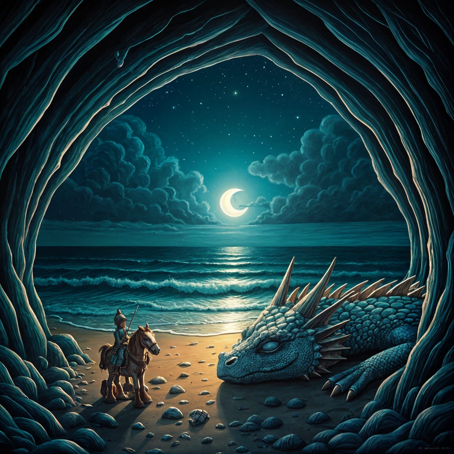 Iridescent Dragon Sleeps on Starry Beach