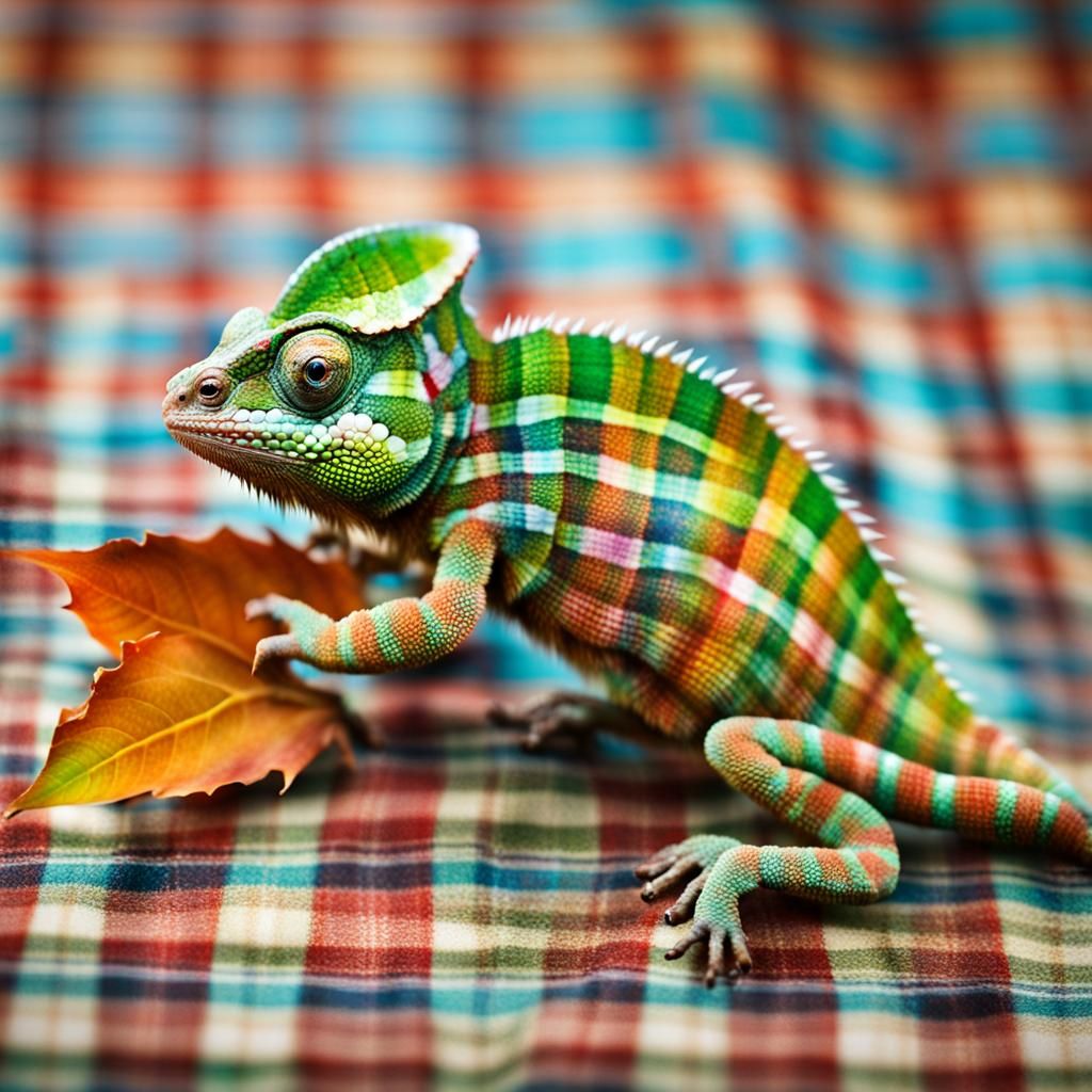 Plaid Chameleon on Plaid Leaf Photograph