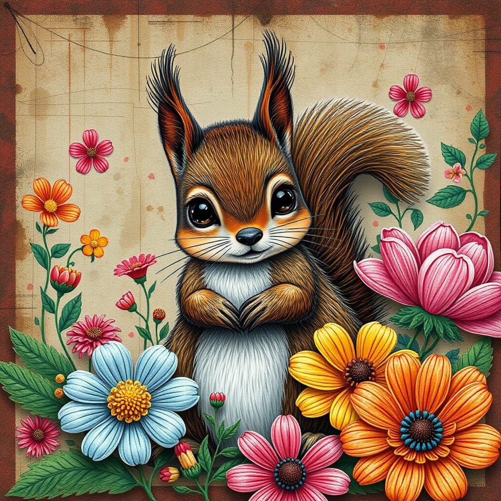 Whimsical Squirrel Amidst Floral Embroidery