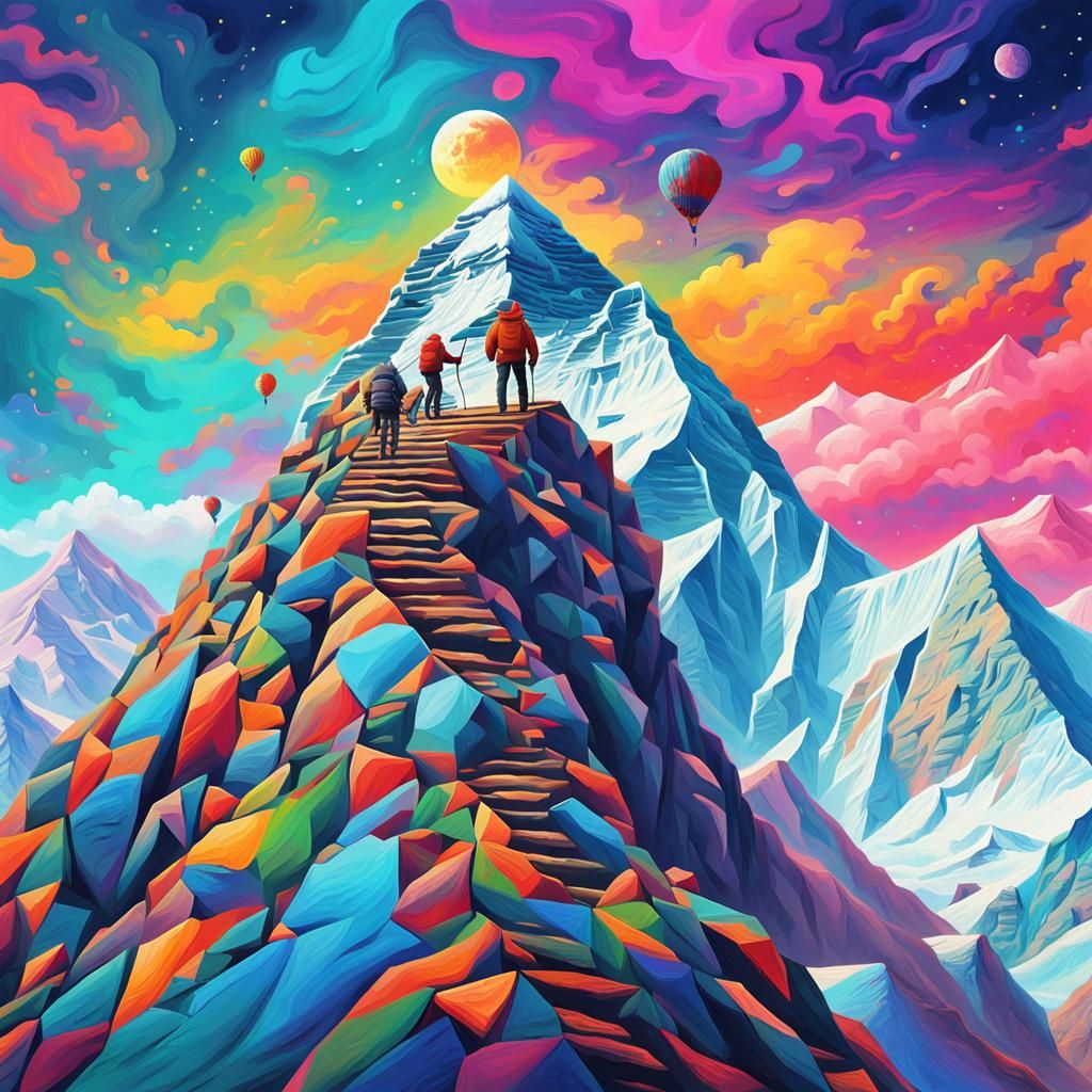 Grandfather and Cat Climb Everest: Psychedelic Oil Painting