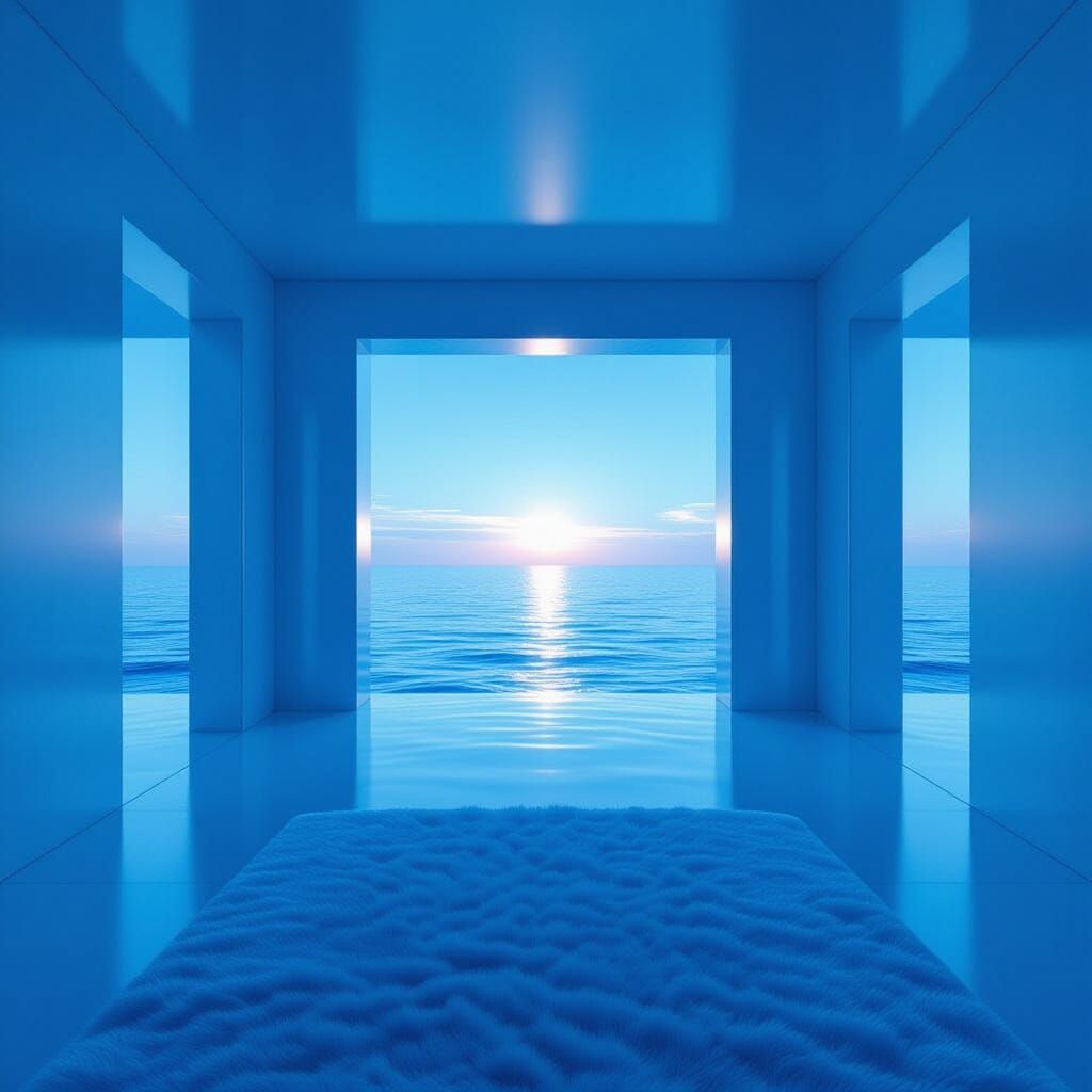 Surreal Blue Room with Ocean Portal, High-Tech Style