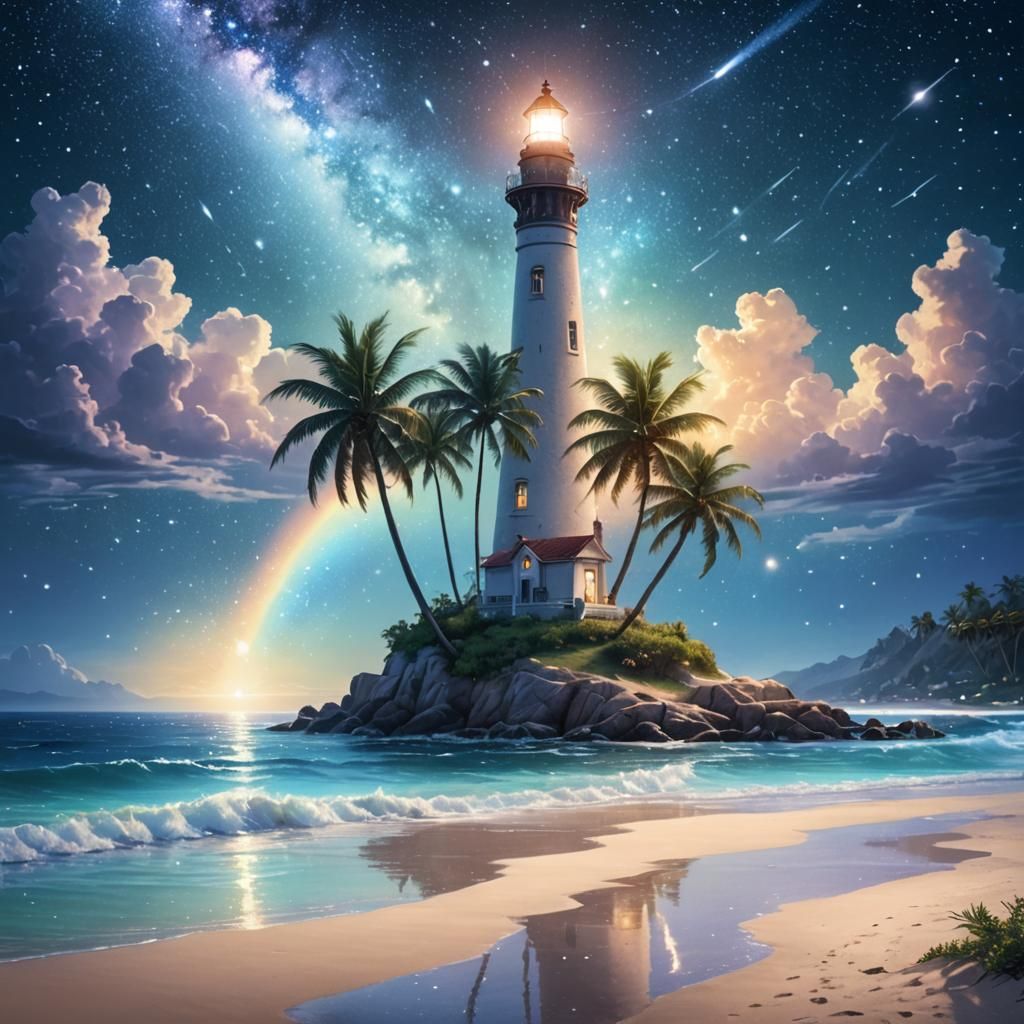 Fantasy Lighthouse on Palm Beach at Night