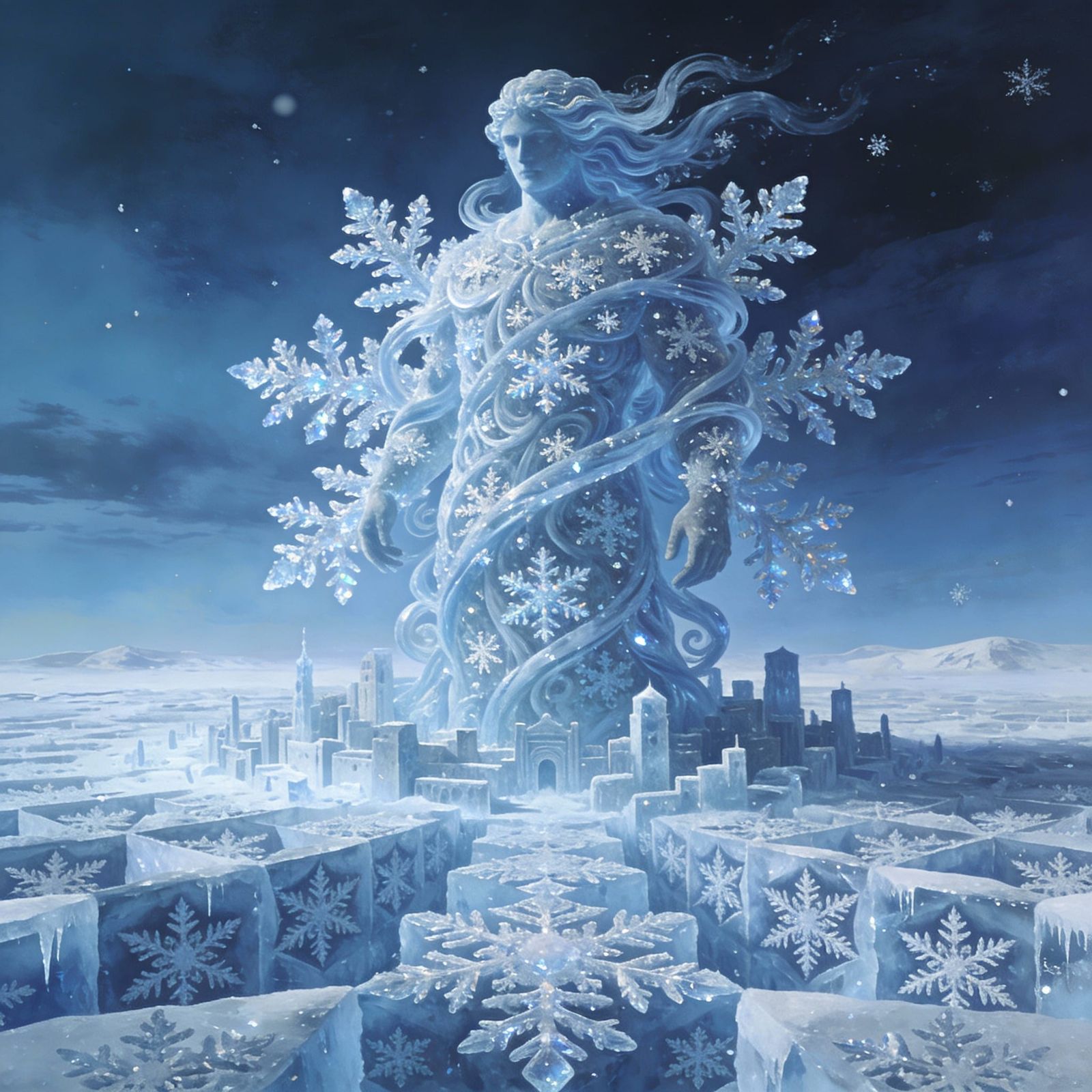 Snowflake Guardian Over Frozen Geometric City