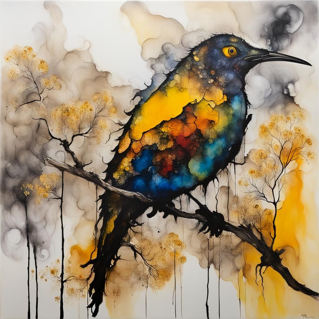 Abstract Wattle Bird in Dreamscape: Alcohol Ink and Oil