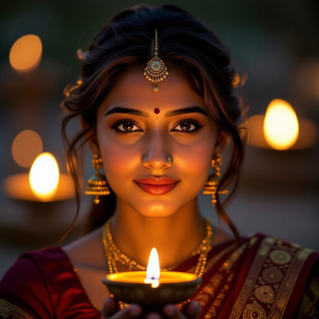 Indian Woman's Face Lit by Diya Lamp