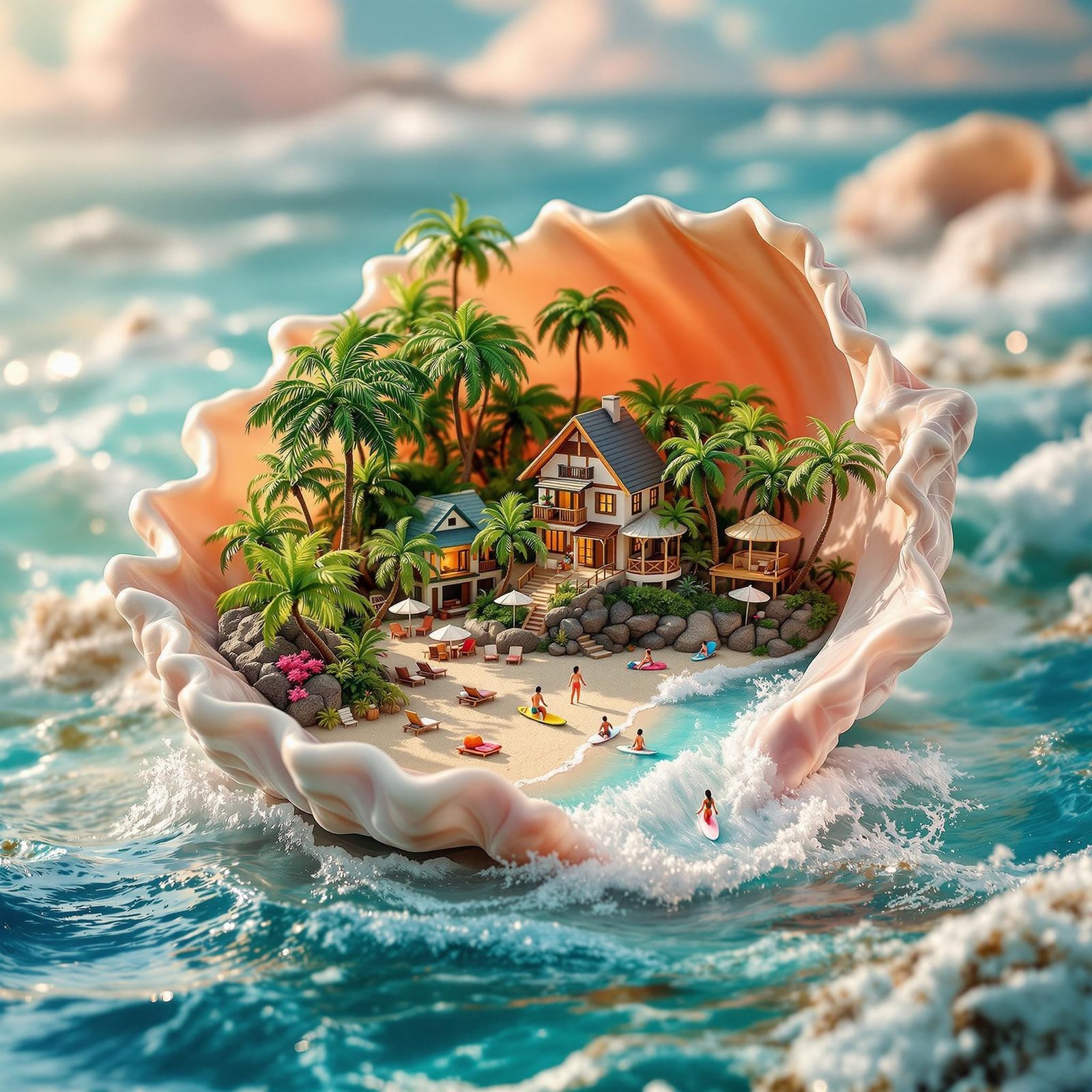 Tropical Island Paradise in Conch Shell: Macro Photography