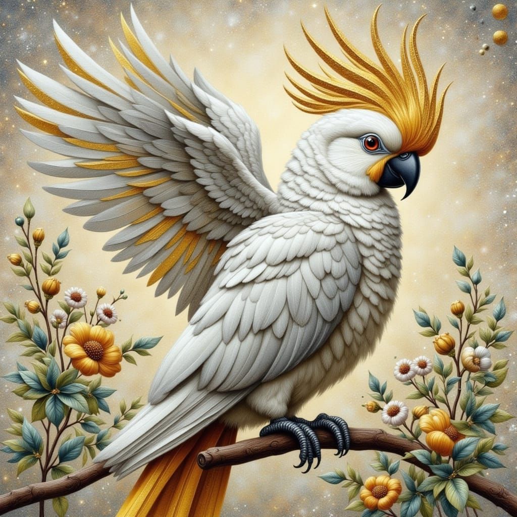 Macaw Parrot with Glittering Wings in Pointillist Style