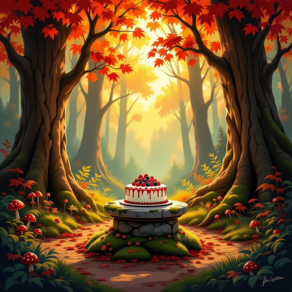 Magical Forest Clearing with Decorated Cake