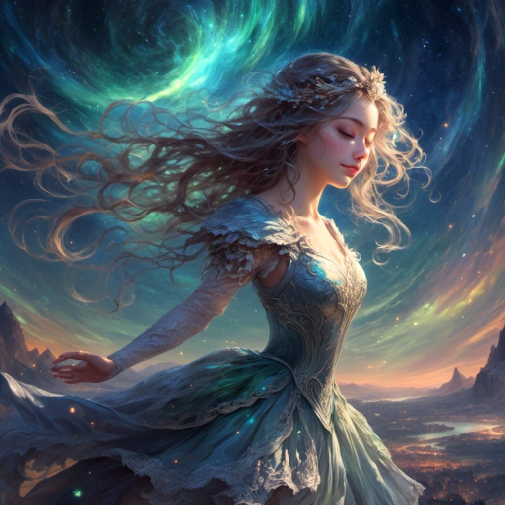 Girl with Aurora Borealis Hairstyle, High Detail Image