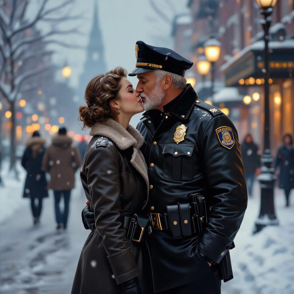 Elder Policeman Kisses Woman in Snowy 1980s City