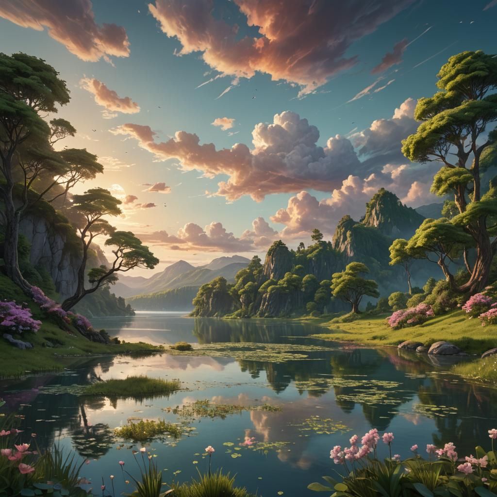 Vibrant Sunset Landscape in a Fantastical Land