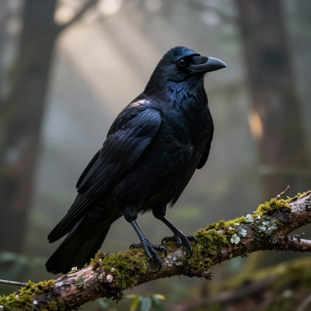 Hyperrealistic Crow in Misty Forest, Photorealistic Style