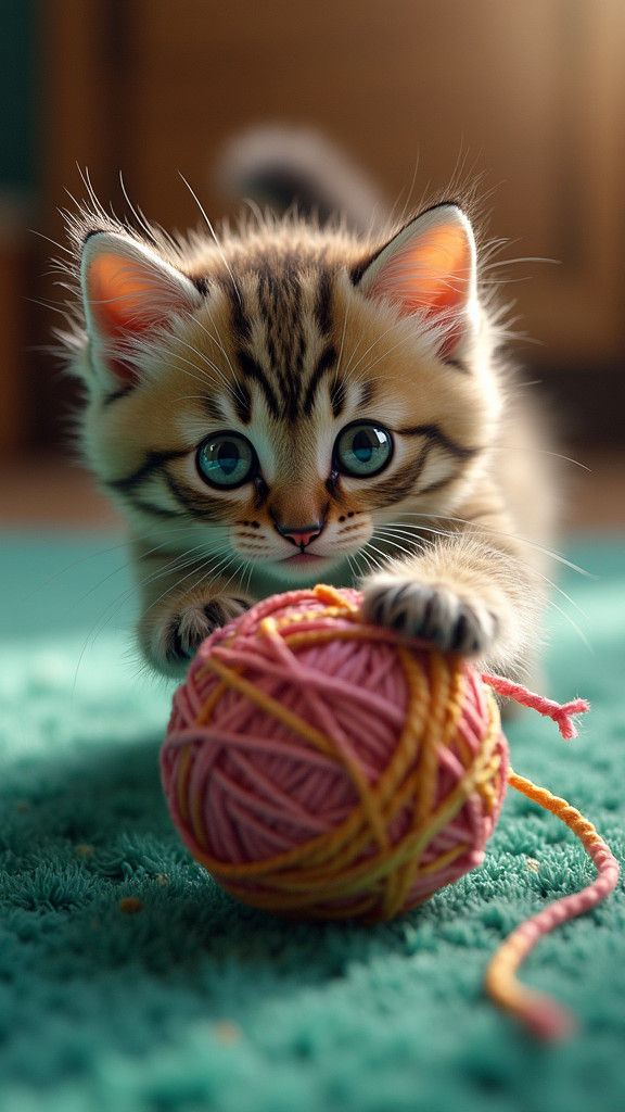 Cute Kitten Pouncing on Yarn Ball, Digital Art