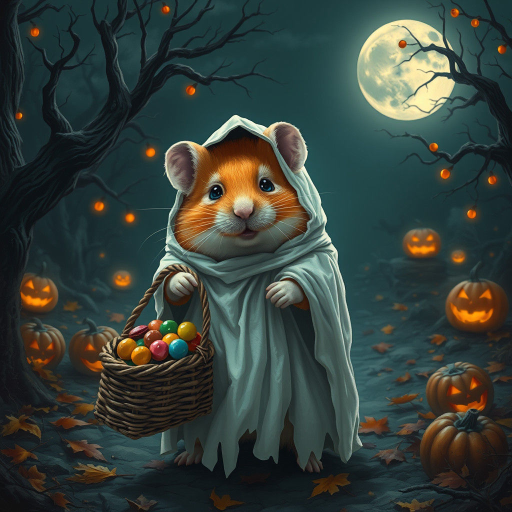 Hamster Ghost with Candy in Autumn Landscape