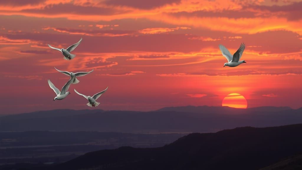 Fiery Sunset Sky with Doves and Mountains