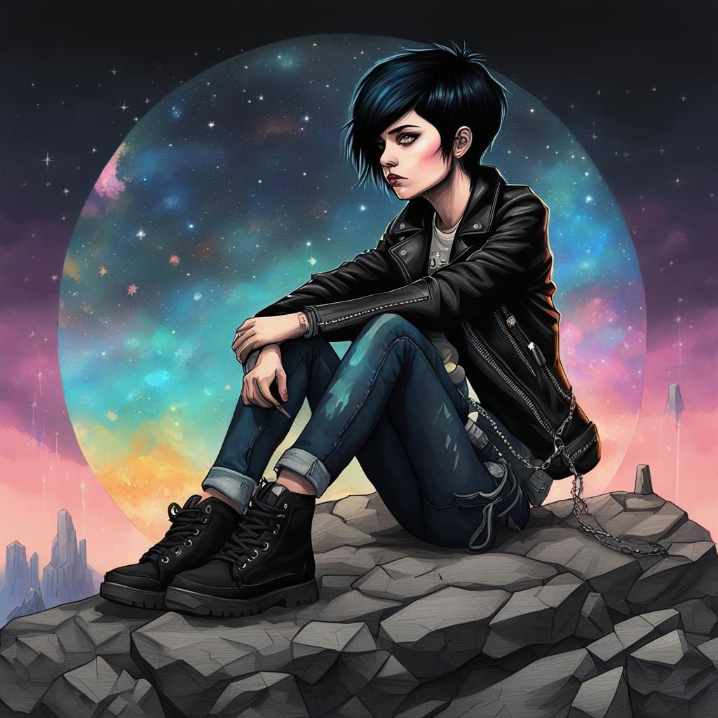 Emo Punk Girl with Spear in Astral Illustration