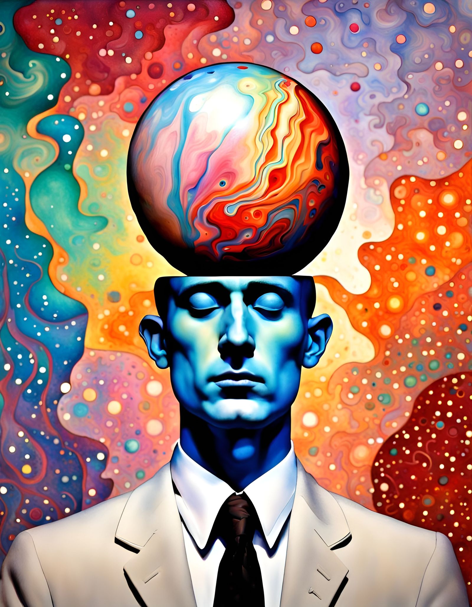 Surreal Bowling Ball Head in Celestial Art