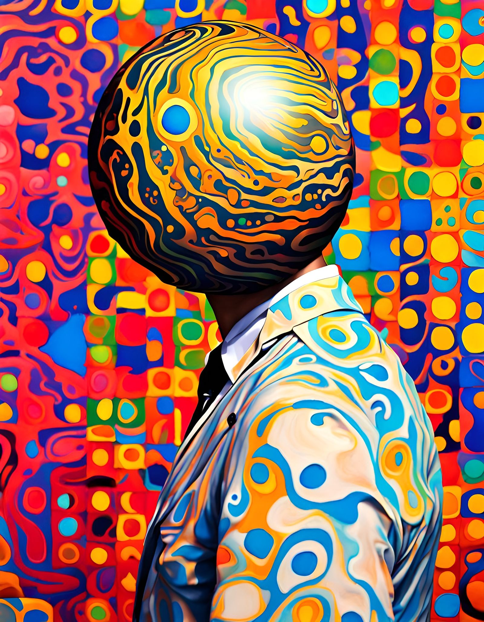 Man with Bowling Ball Head in Klimt-Magritte Style