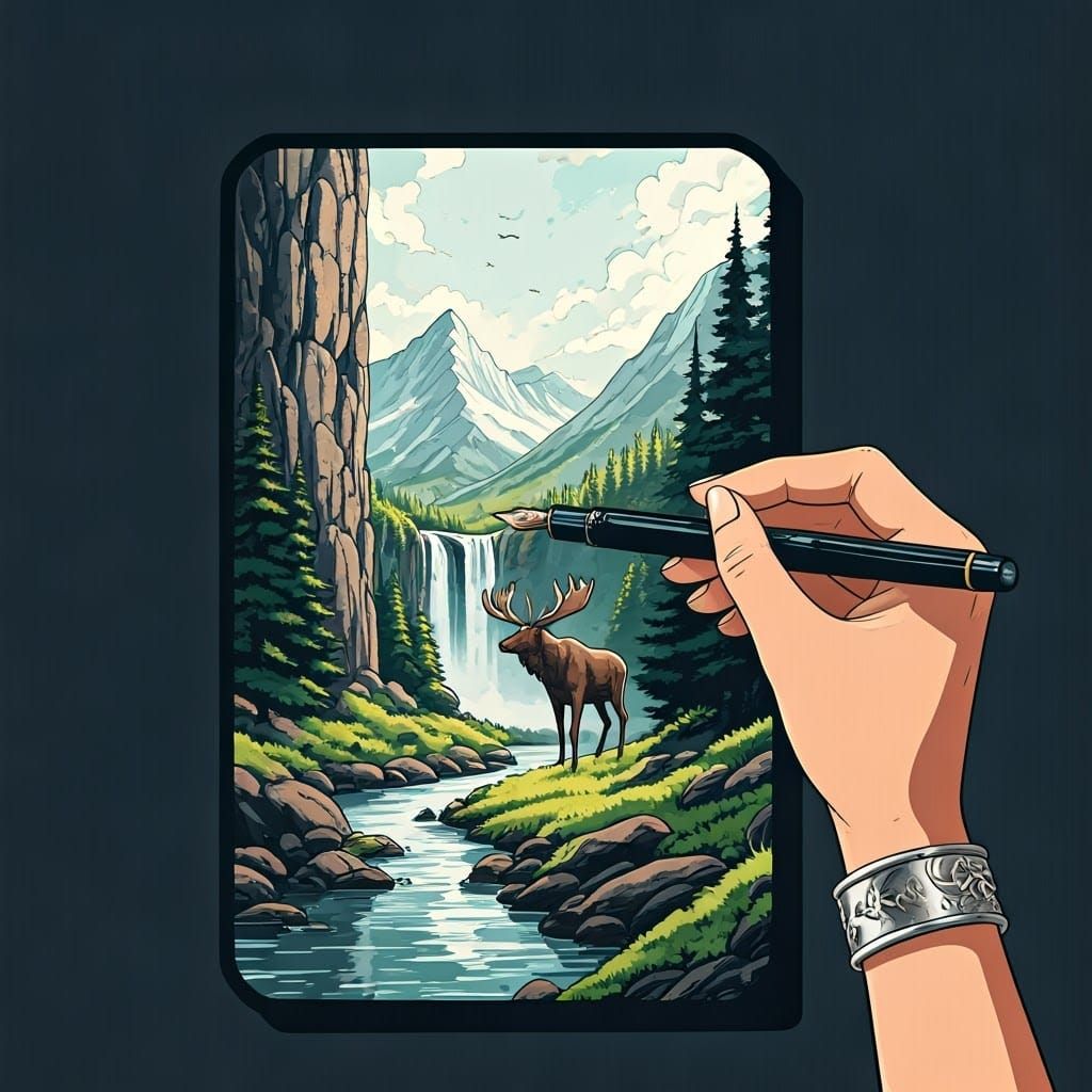 Mountain Landscape Illustration with Waterfall in Anime Styl...