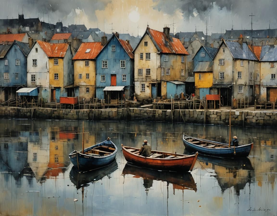 Rainy Fishing Village in Encaustic Palette Knife Style