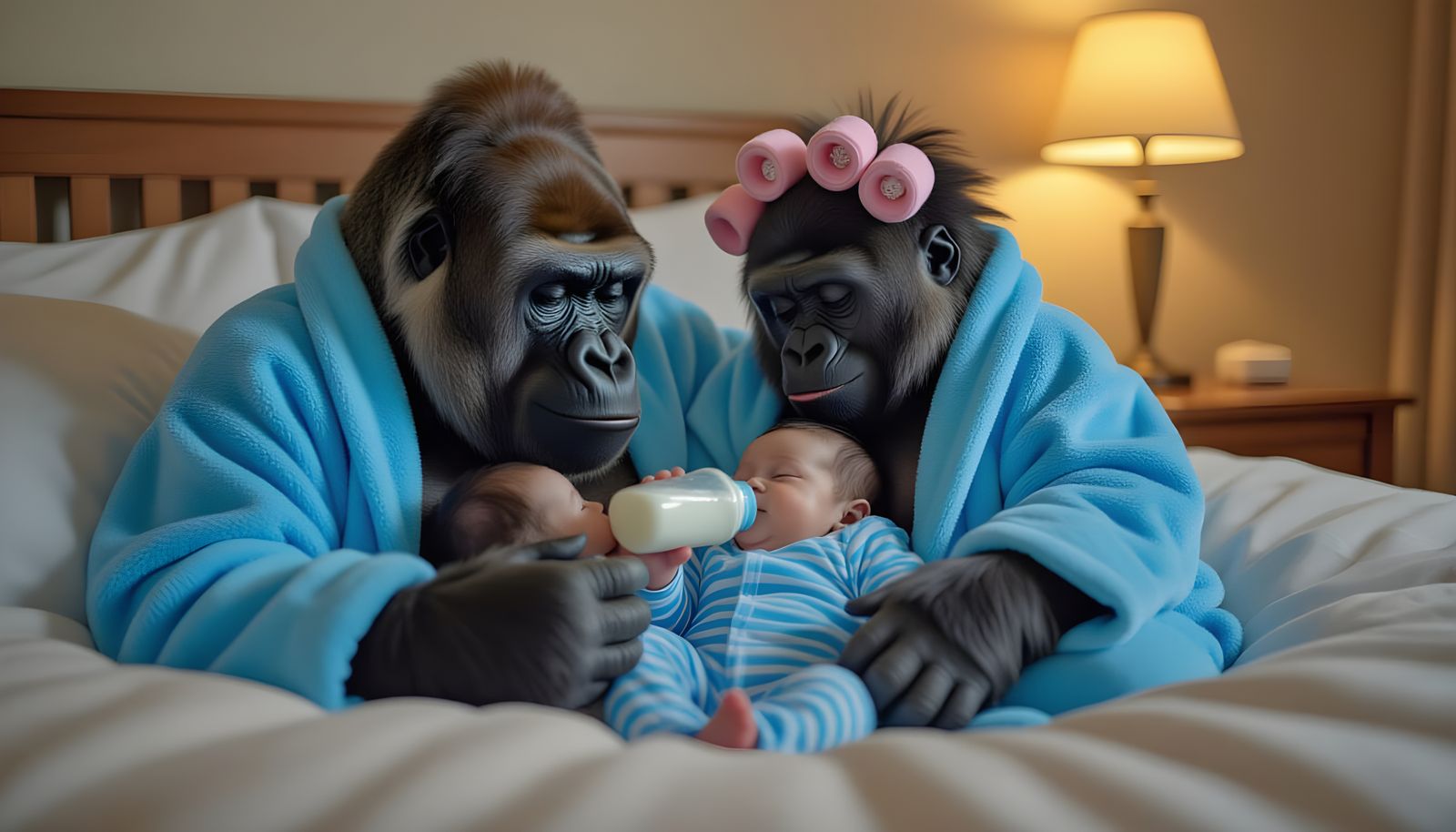 Tired Gorilla Mom in Robe Feeds Baby Gorilla