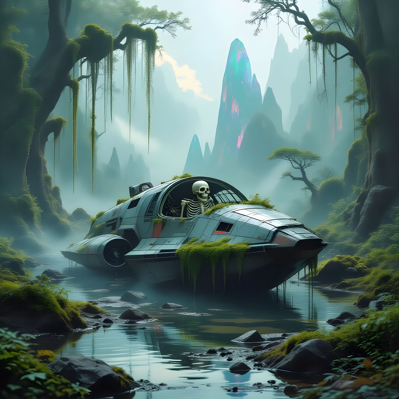 Wrecked Spaceship and Alien Skeleton in Fantasy Landscape
