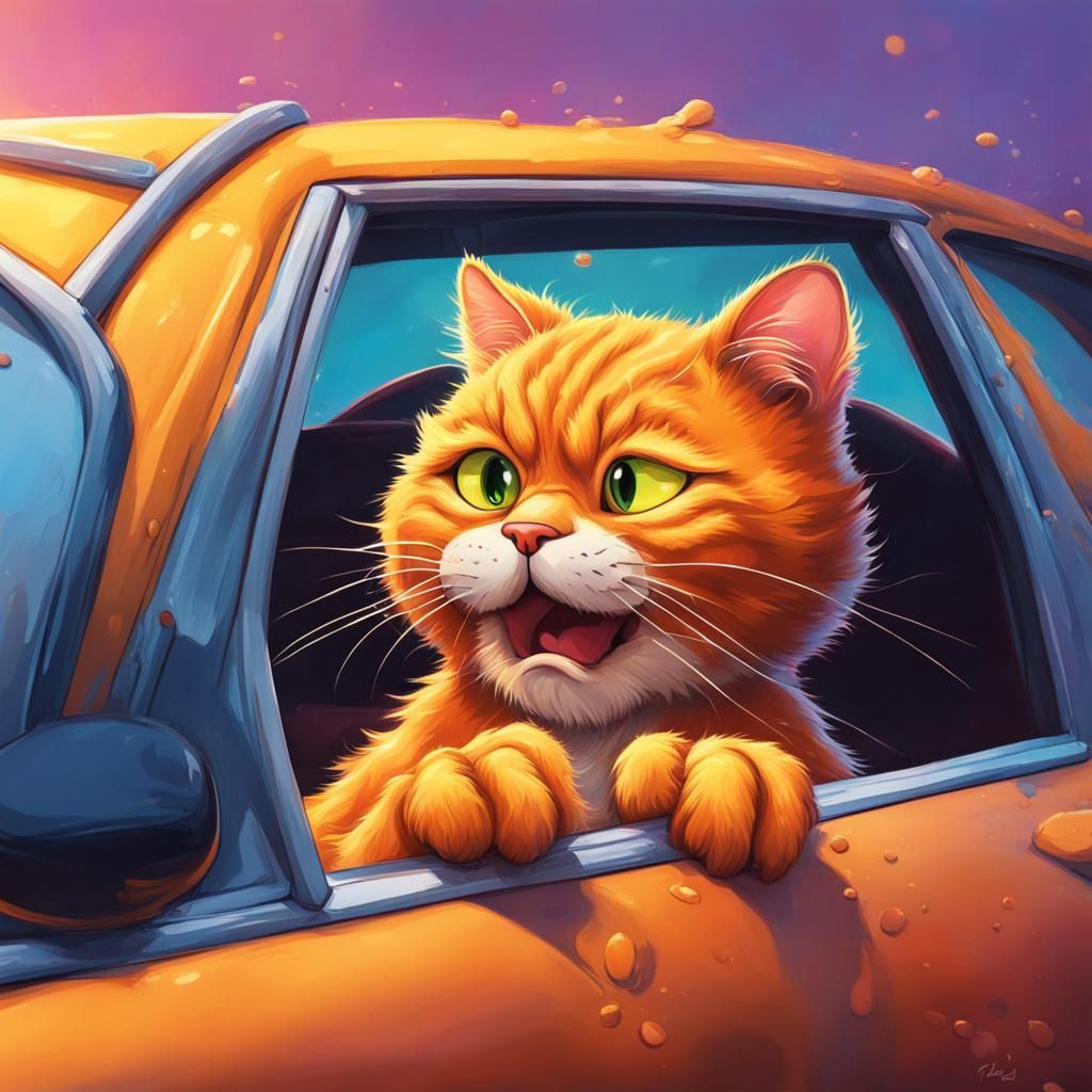 Garfield the cat with is 
head sticking out of a car window,  Hyperrealistic, splash art, concept art, mid shot, intrica...