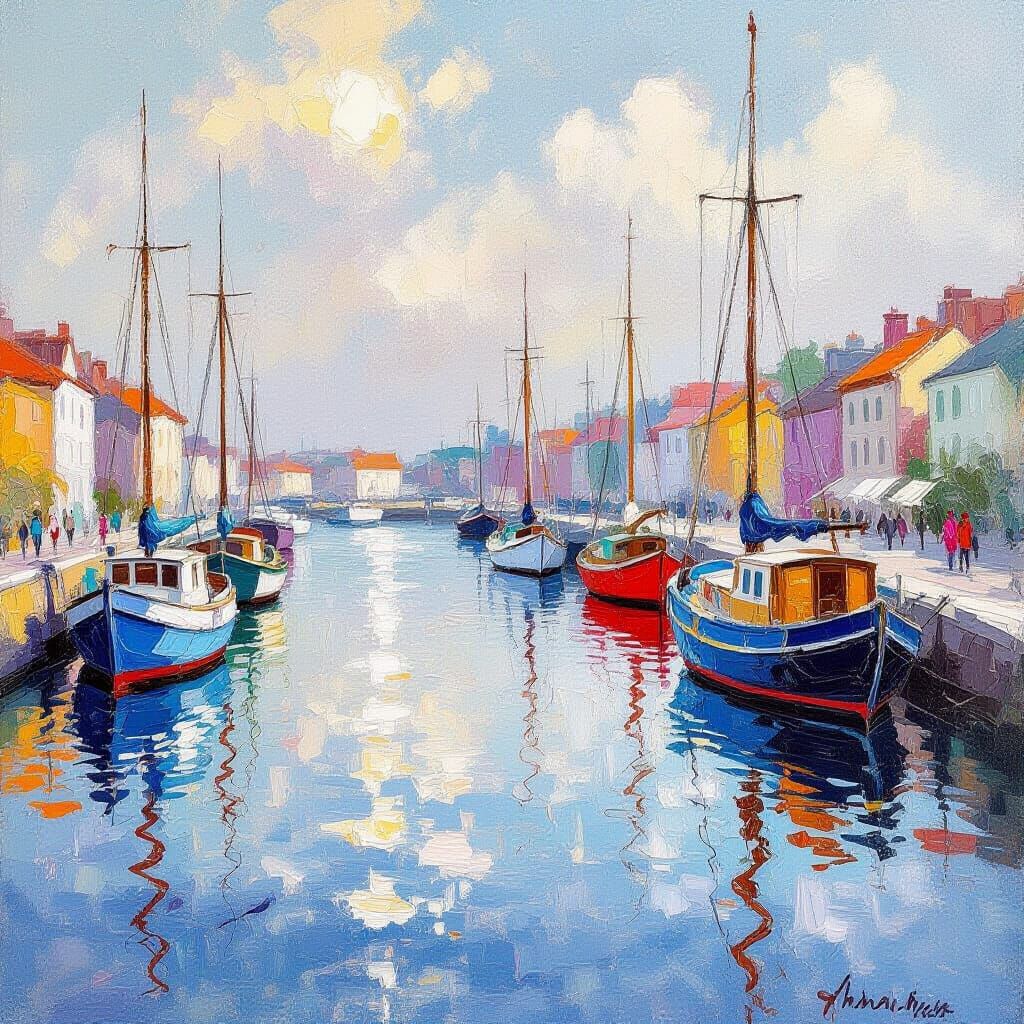 Impressionist Harbor Painting with Colorful Reflections