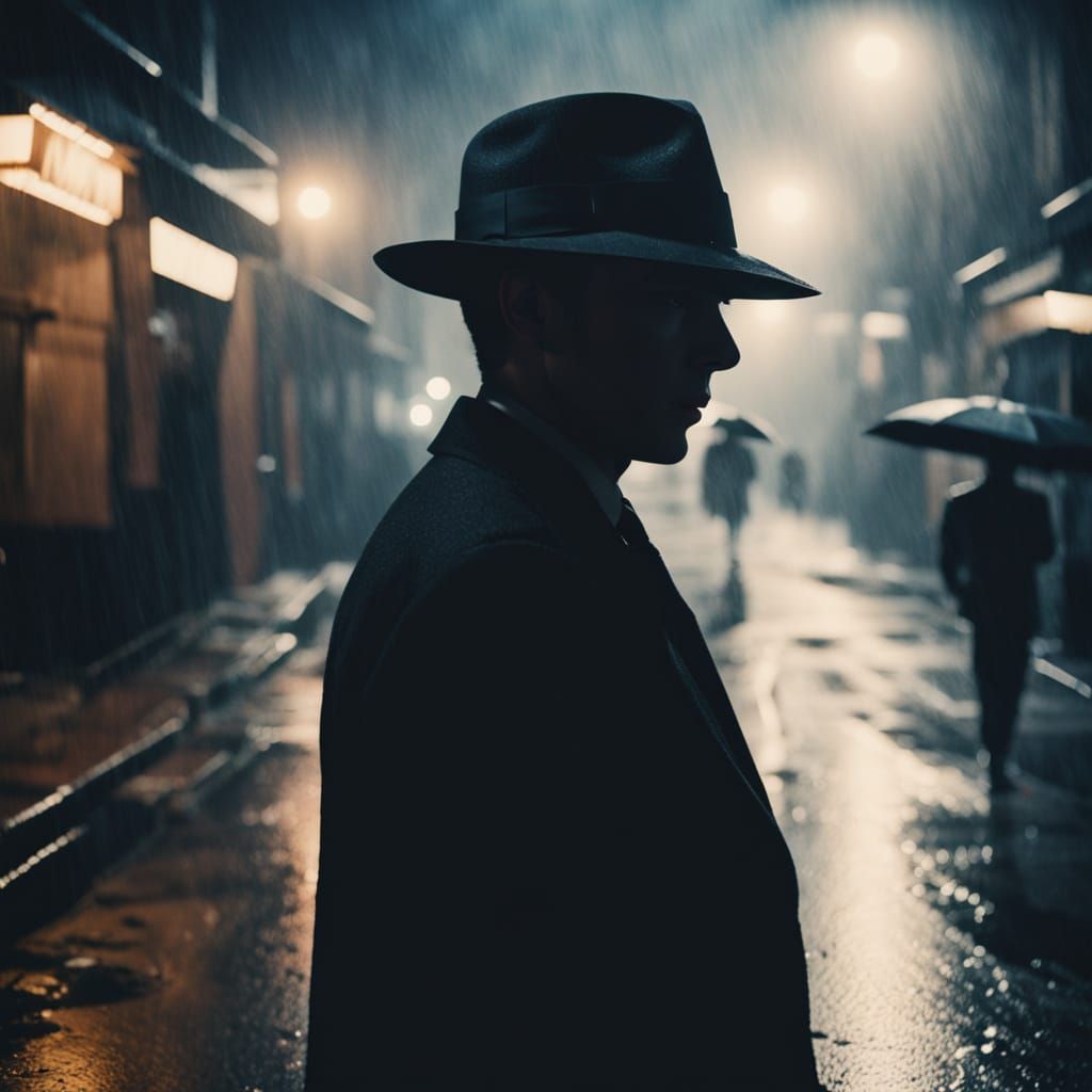Film Noir Detective in Rainy City Street