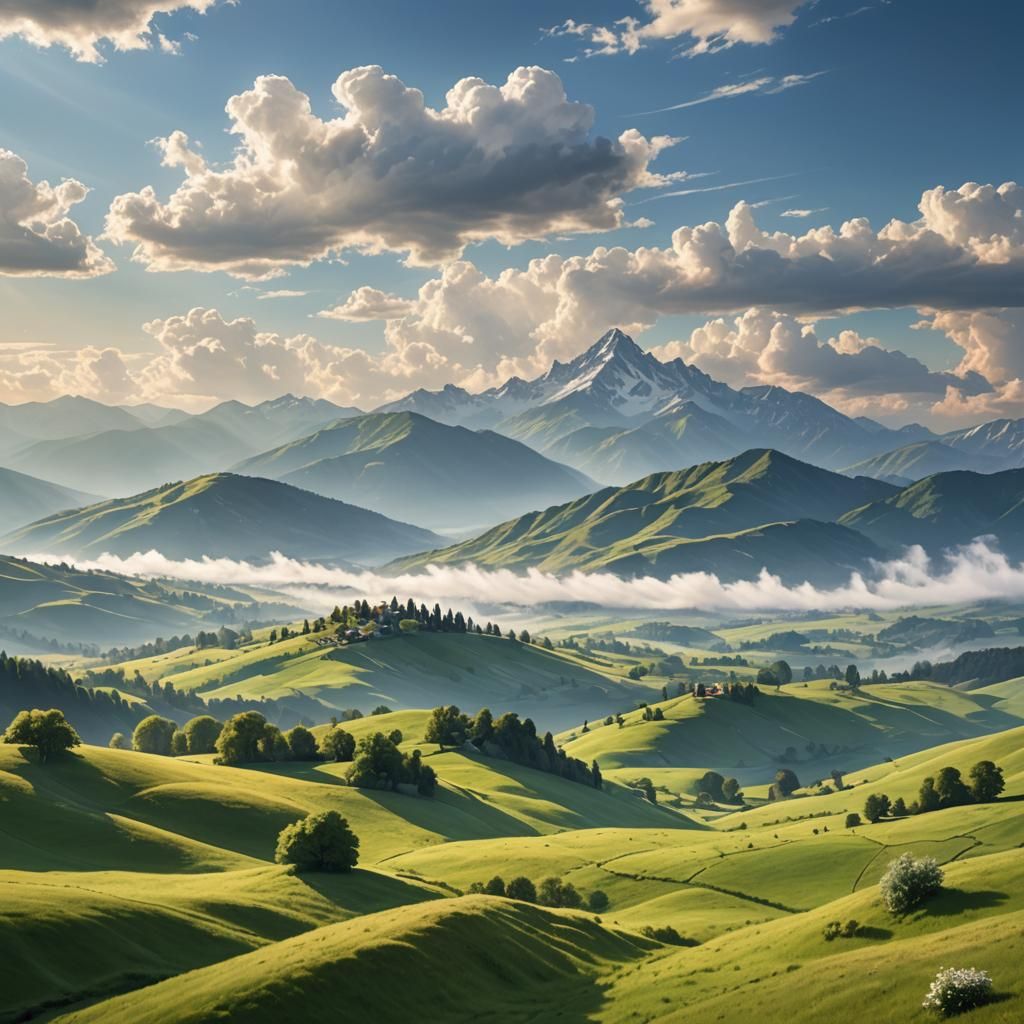 Peaceful Landscape with Rolling Hills and Distant Mountains