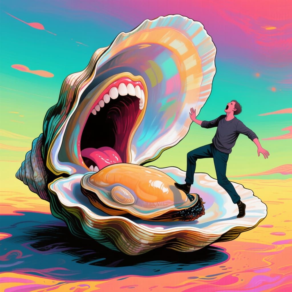Giant Mussel Shell's Silent Scream: A Surreal Scene