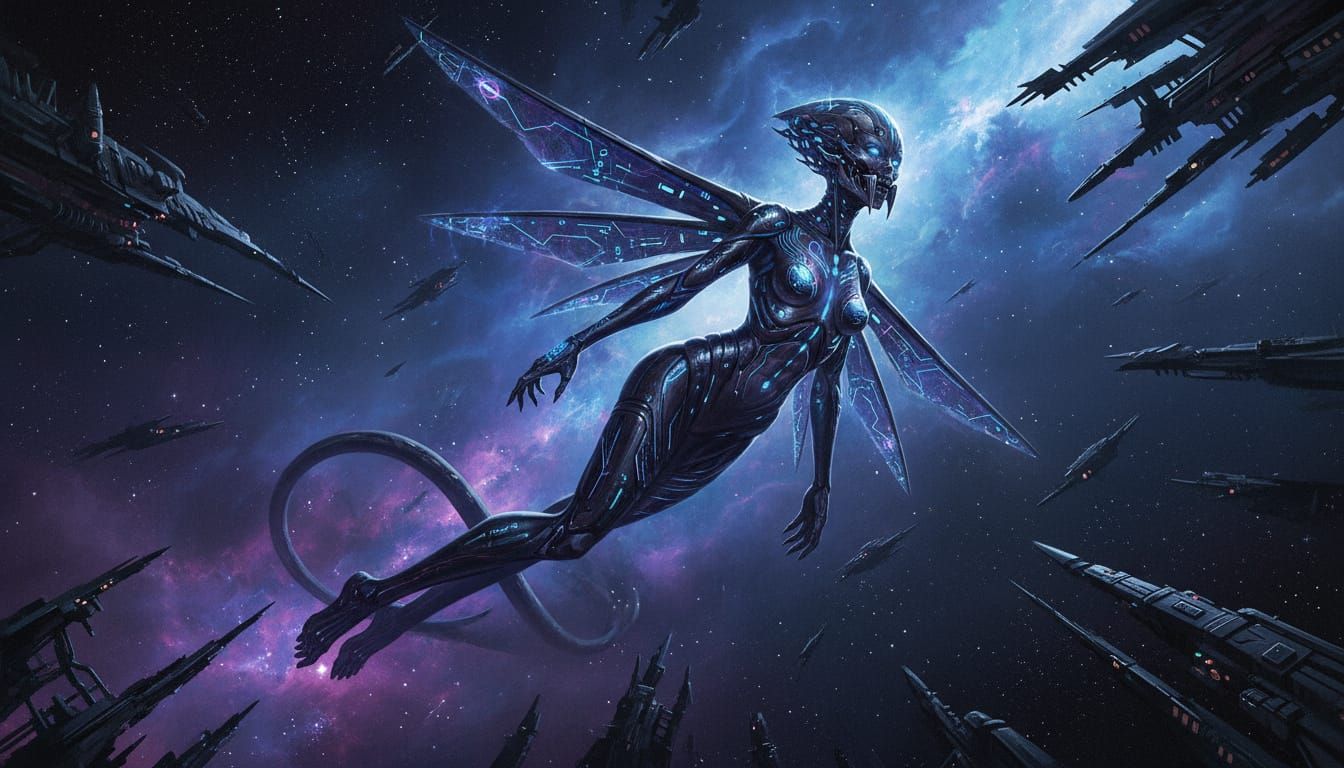 Celestial Monster Girl in Cyberpunk Style