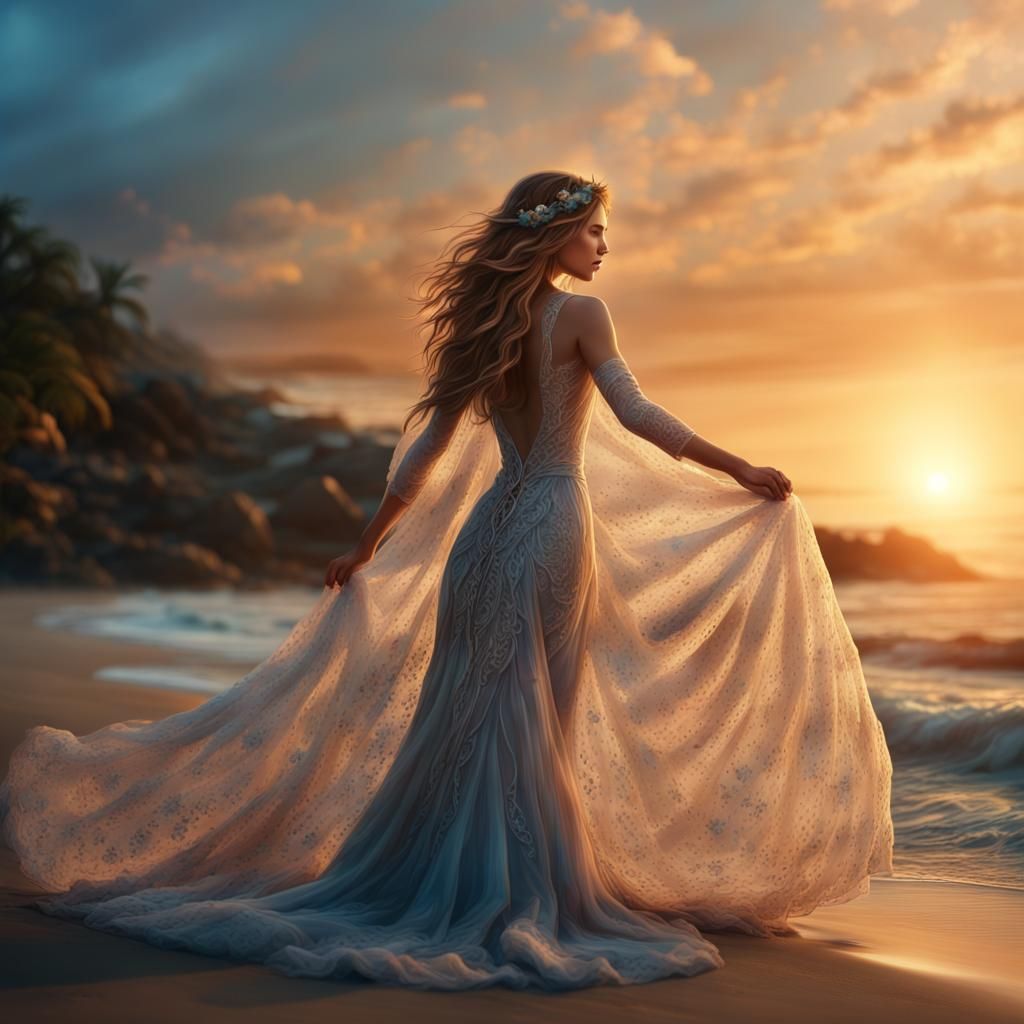 Woman in Wedding Dress on Beach at Sunset
