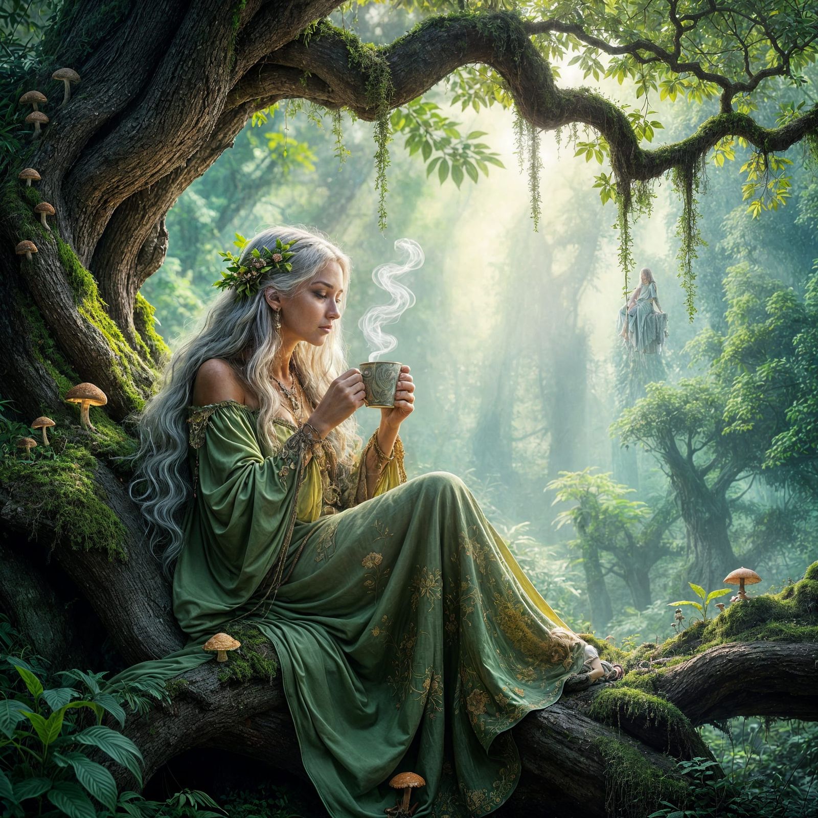 Ancient Forest Nymph With Moss Hair Sips Tea