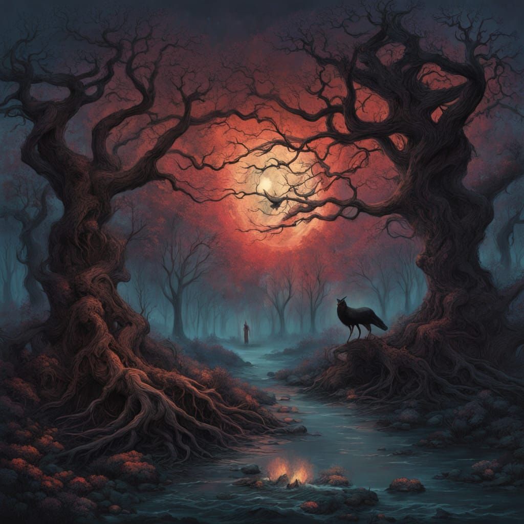 Witches Dance Around Fire in Sacred Grove Under Lunar Eclips...