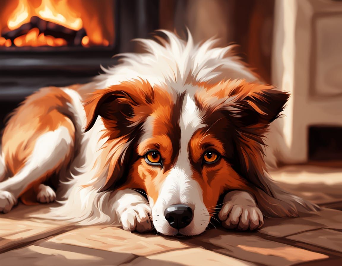 Anime-Inspired Dog by Cozy Fireplace