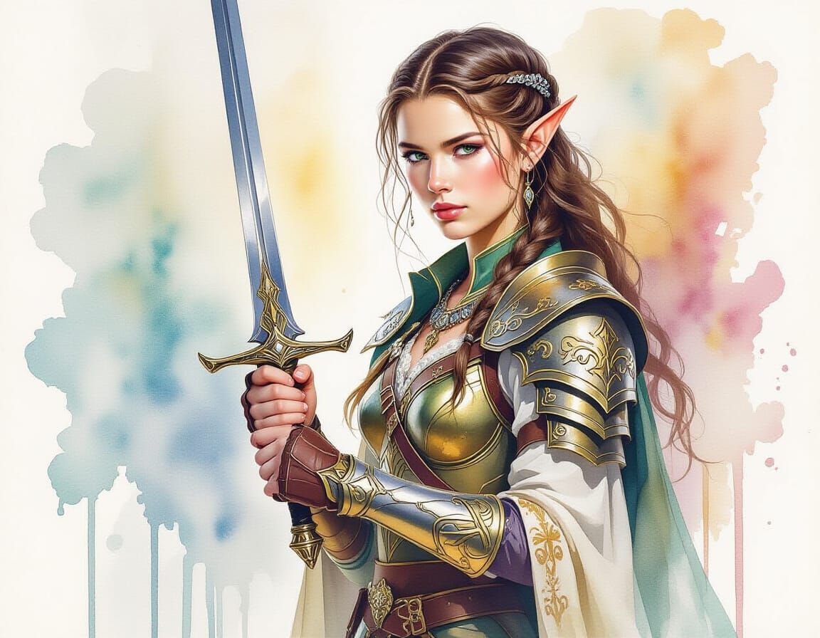 Elven Warrior Princess Portrait in Watercolor Style
