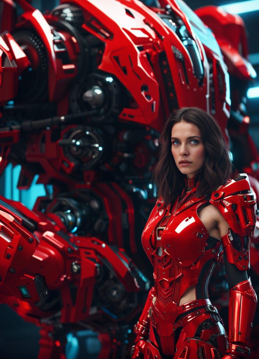Brunette in Red Robot Armor with Giant Robot