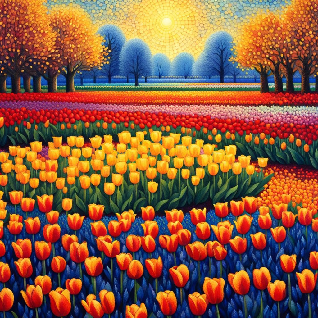 Keukenhof Tulip Fields in Pointillism Style