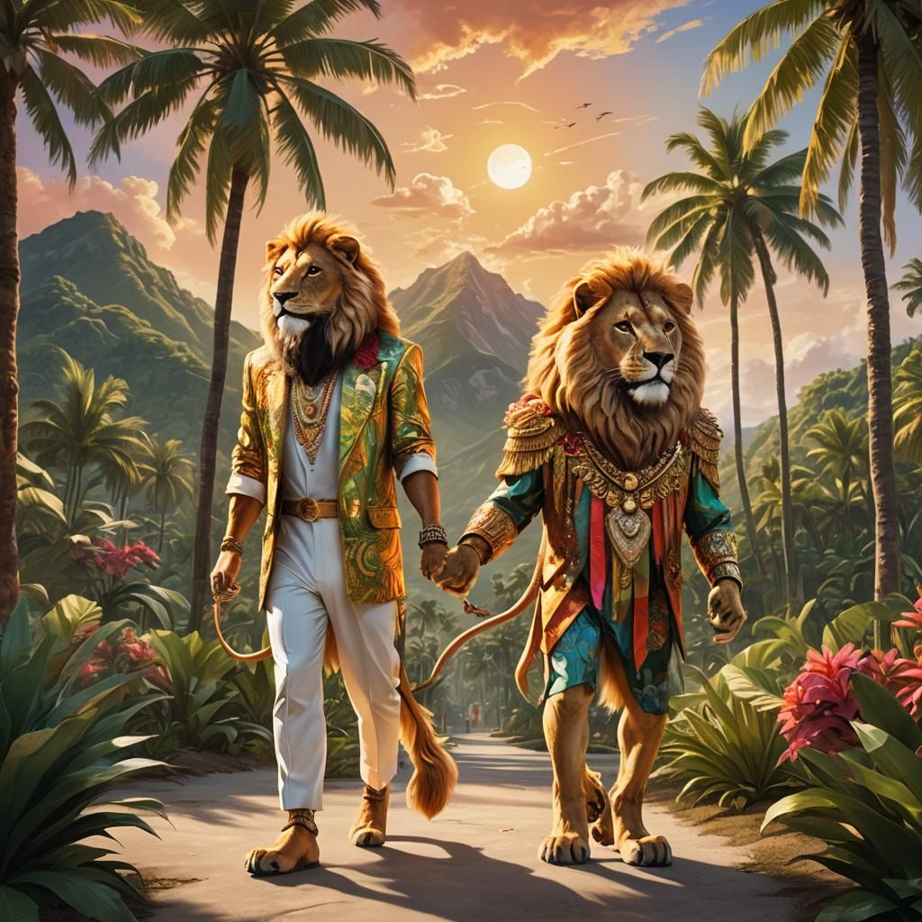 Lion Couple in Paradise: Golden Hour Concept Art