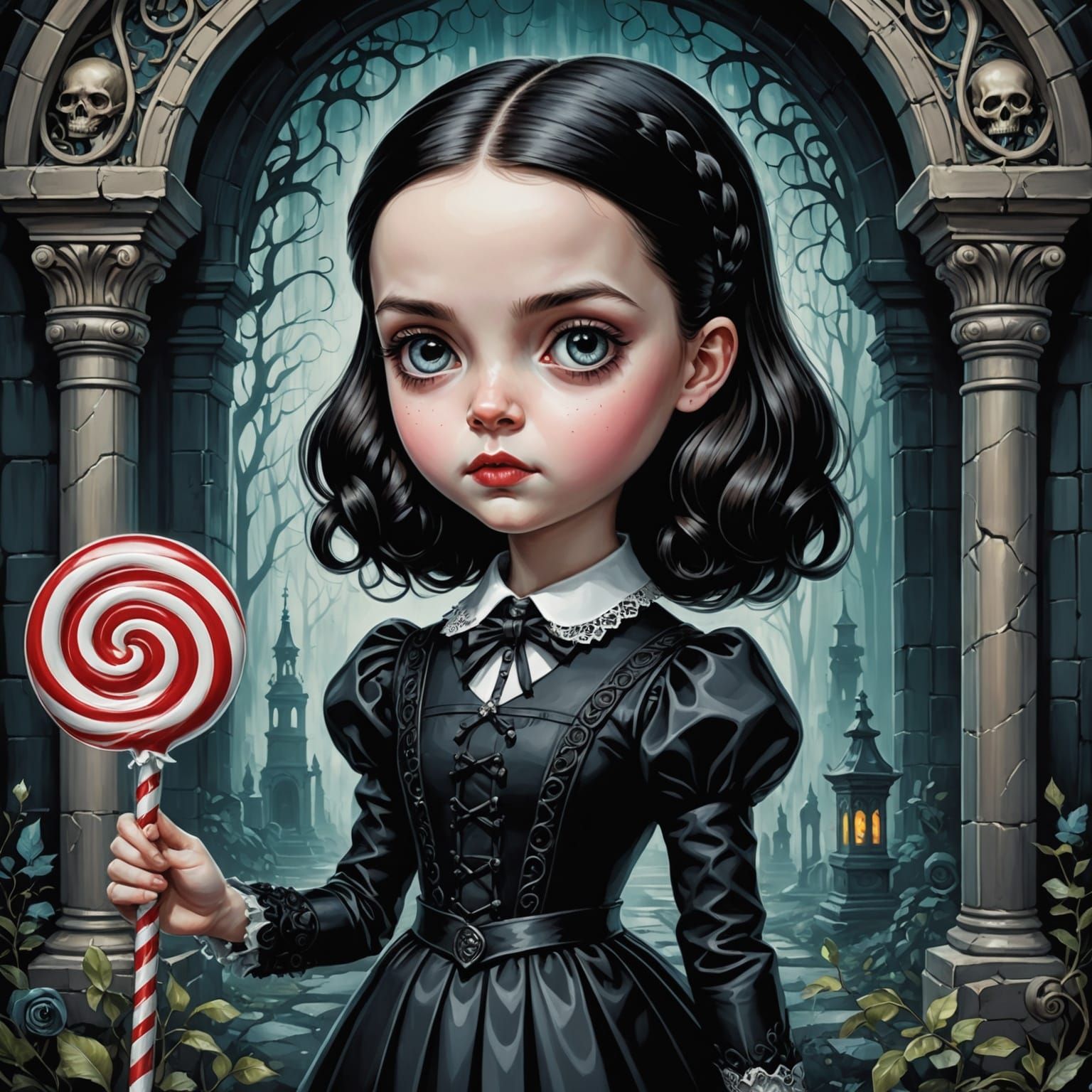 Wednesday Addams with Lollipop, in Baroque Noir Style