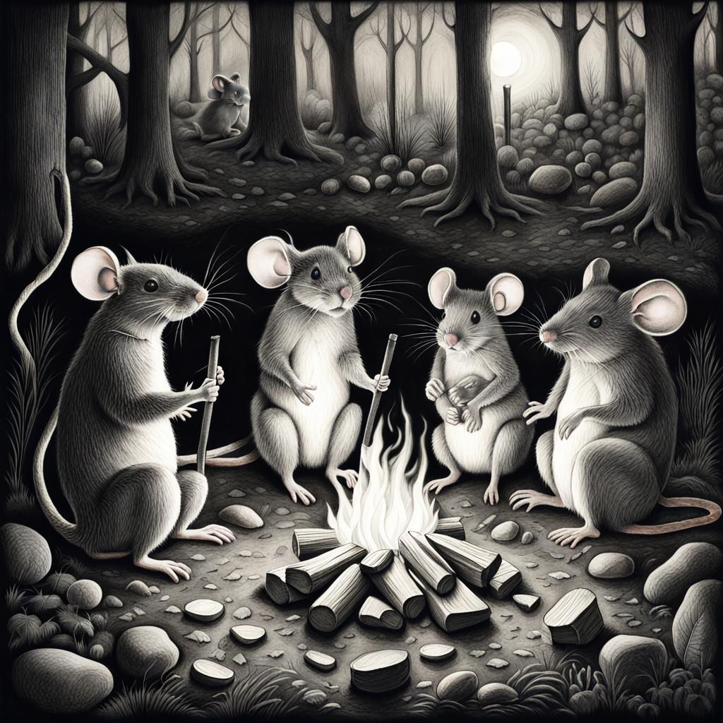 Mouse Family Campfire: Detailed Pencil Drawing