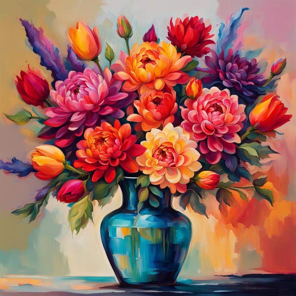 Vibrant Multicolored Flowers in Abstract Art Vase