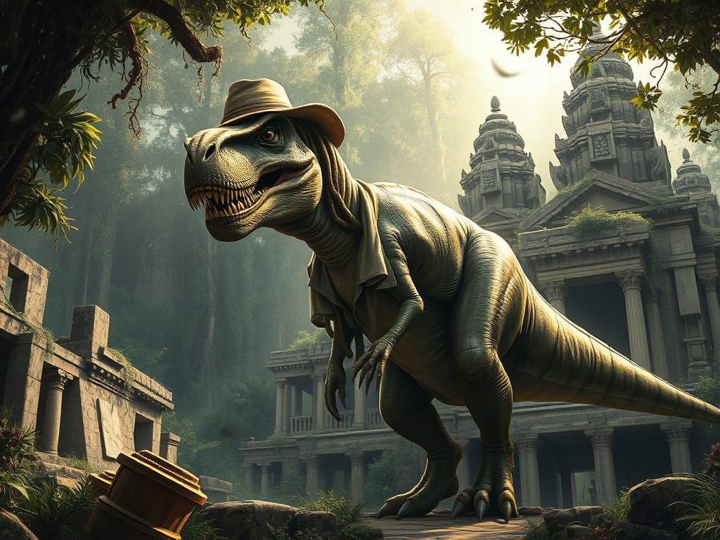 T-Rex Cosplays Indiana Jones in Ancient Temple Ruins