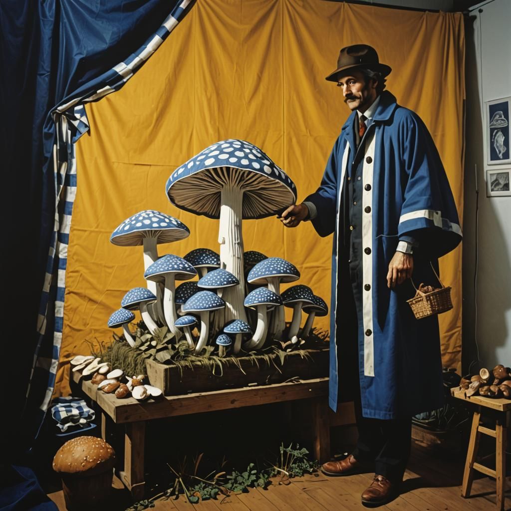 Italian Activists Tending to Mushrooms in a Linocut Landscap...