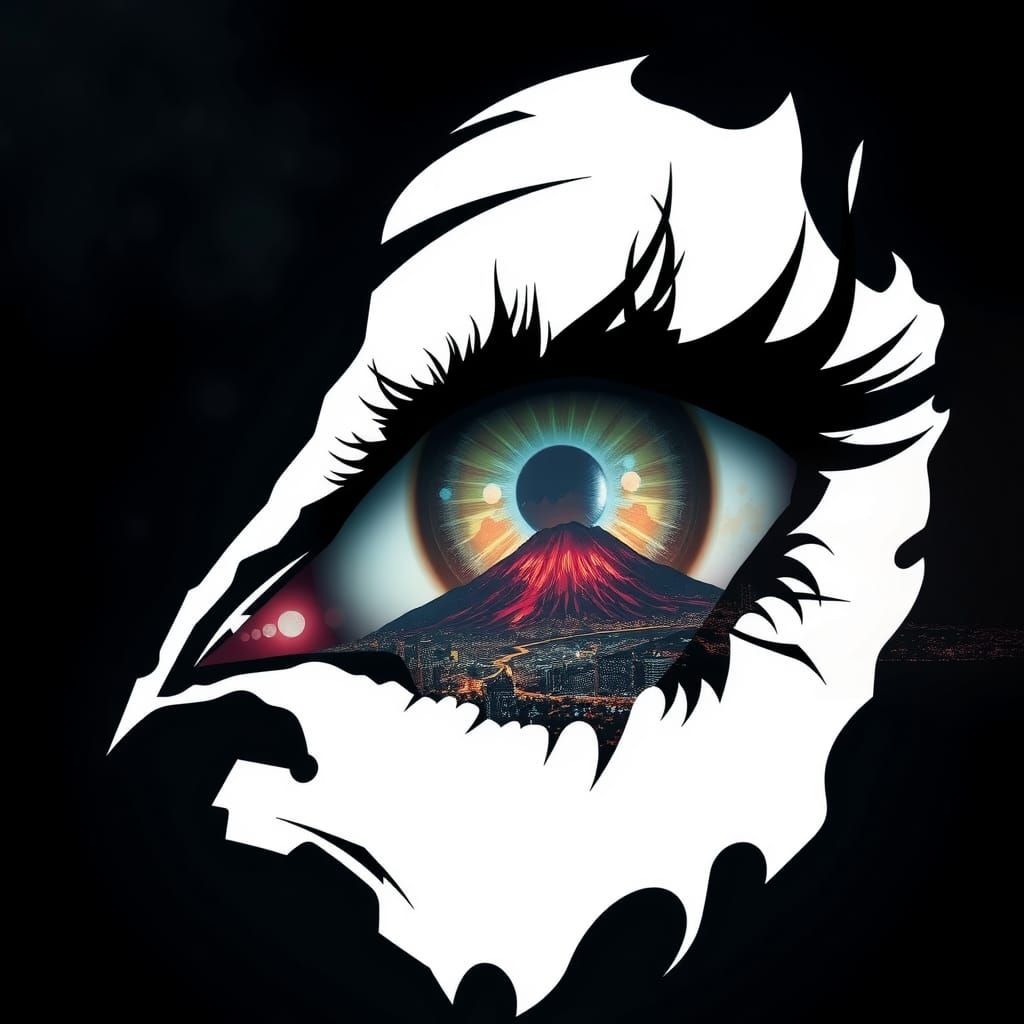 Demonic Eye with Abstract Silhouette and City Lights